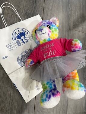 Build-A-Bear Rainbow Tie-Dye Bear in Pink Top and Silver Tulle Skirt